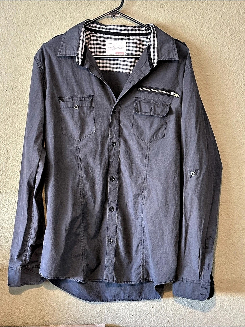 Sovereign Code Men's Checkered Collar Utility Shirt Size Extra Large Gray